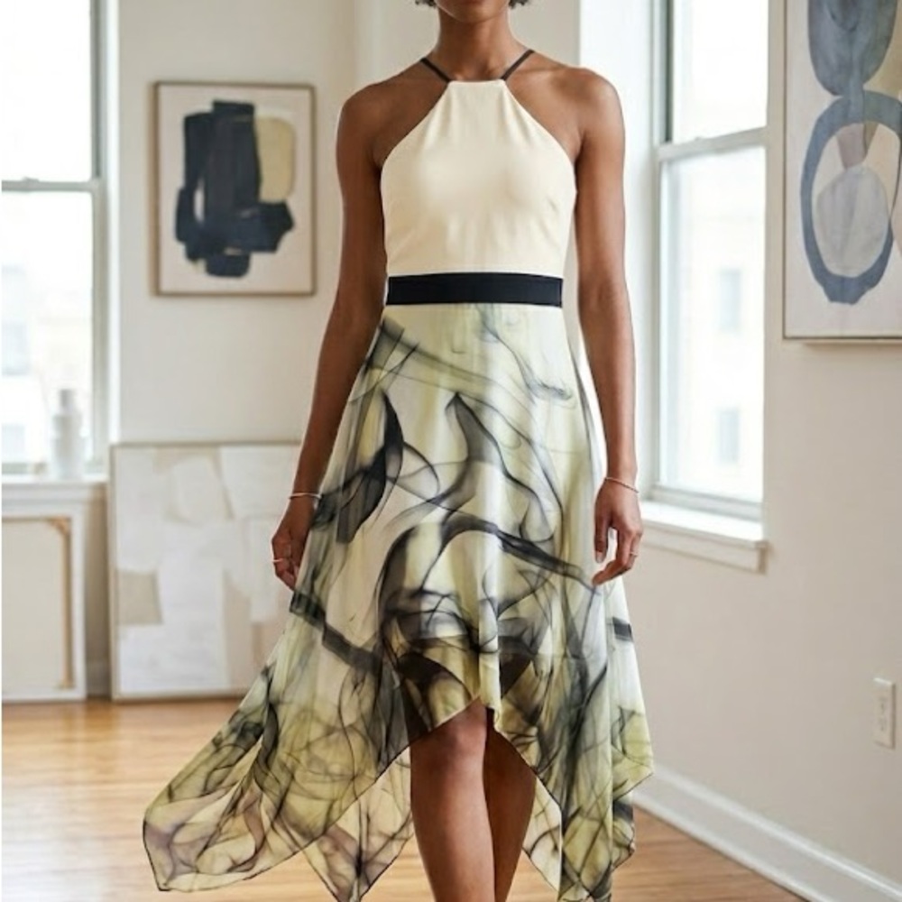 Milly of New York silk party cocktail dress cream green size 6 leather detail